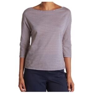 ST. JOHN Collection Bateau Neck Top Large Striped Linen Blend Jersey 3/4 Sleeve